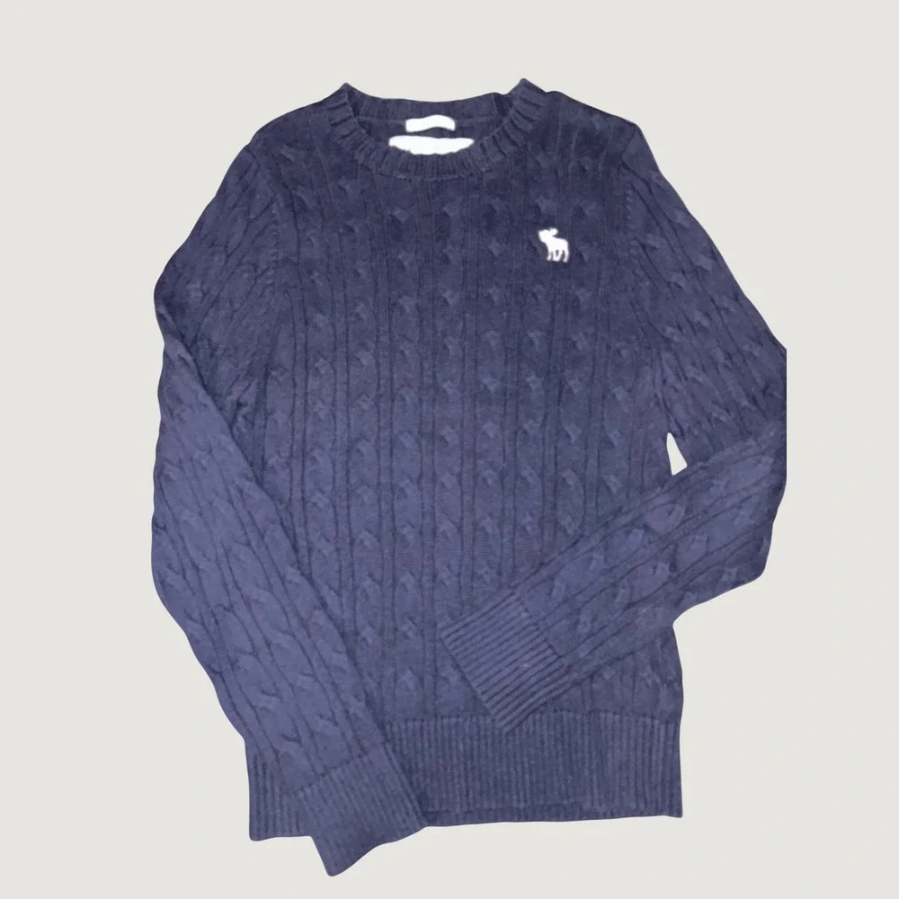 Abercrombie & Fitch Mens Muscle Fit Cable Knit Sweater Navy Blue XL Pullover